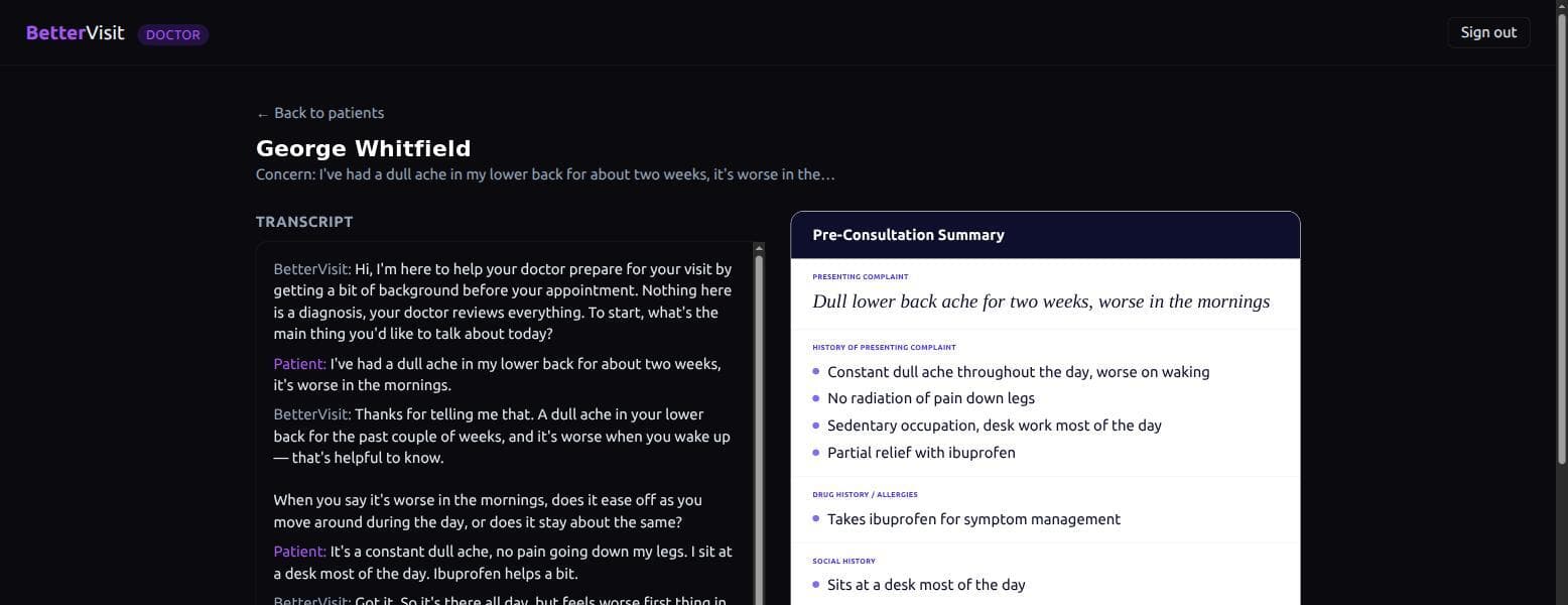 The doctor reviews a structured pre-consultation summary